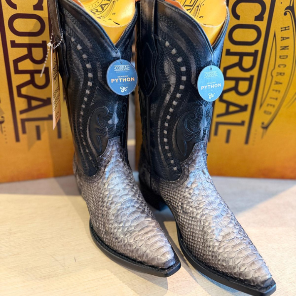 Bota Vaquera Corral en Piel Genuina de Pitón - Gris Glaciar & Negro